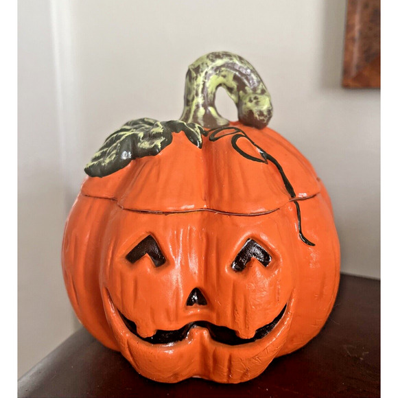 VTG Halloween Bat Coming Out Of Jack O' Lantern Paraffin Candle Holder Large - Picture 1 of 8